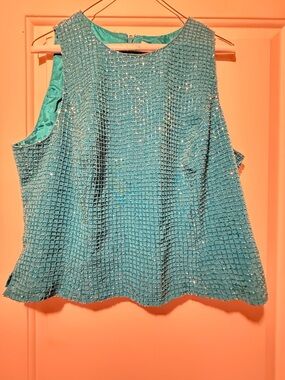 Sleeveless Teal Sequin Grid Crop Top